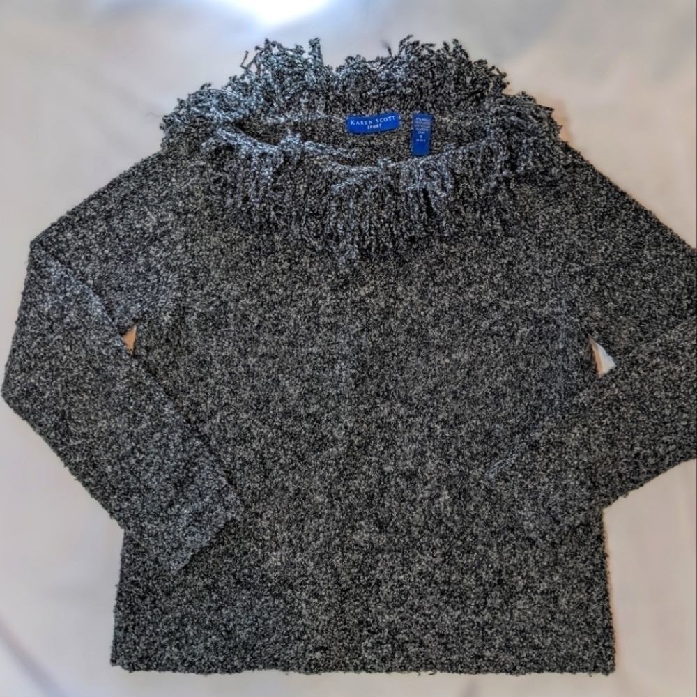 Grey Fringe Neckline Cozy Pullover Sweater